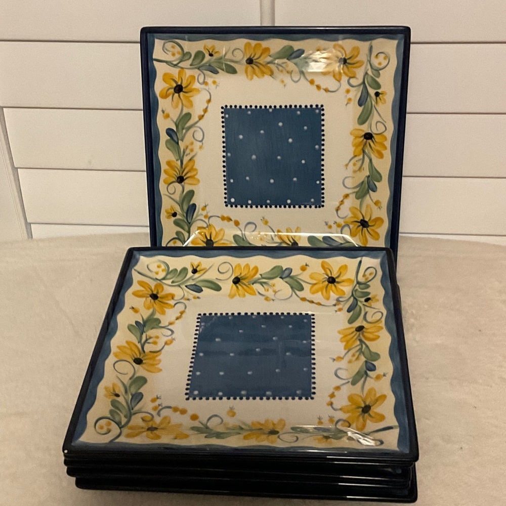 Gibson Floral Square Plates - Blue and Yellow